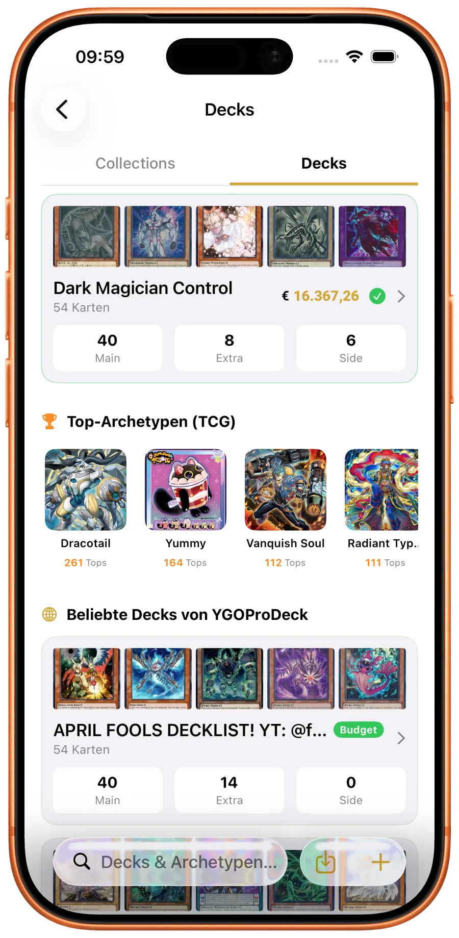 Yu-Gi-Oh!-Deckliste mit Archetypen, Kartenanzahl und Werten