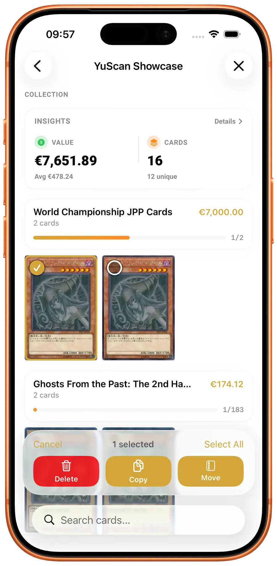 Multi-select card controls for moving, copying, or deleting cards