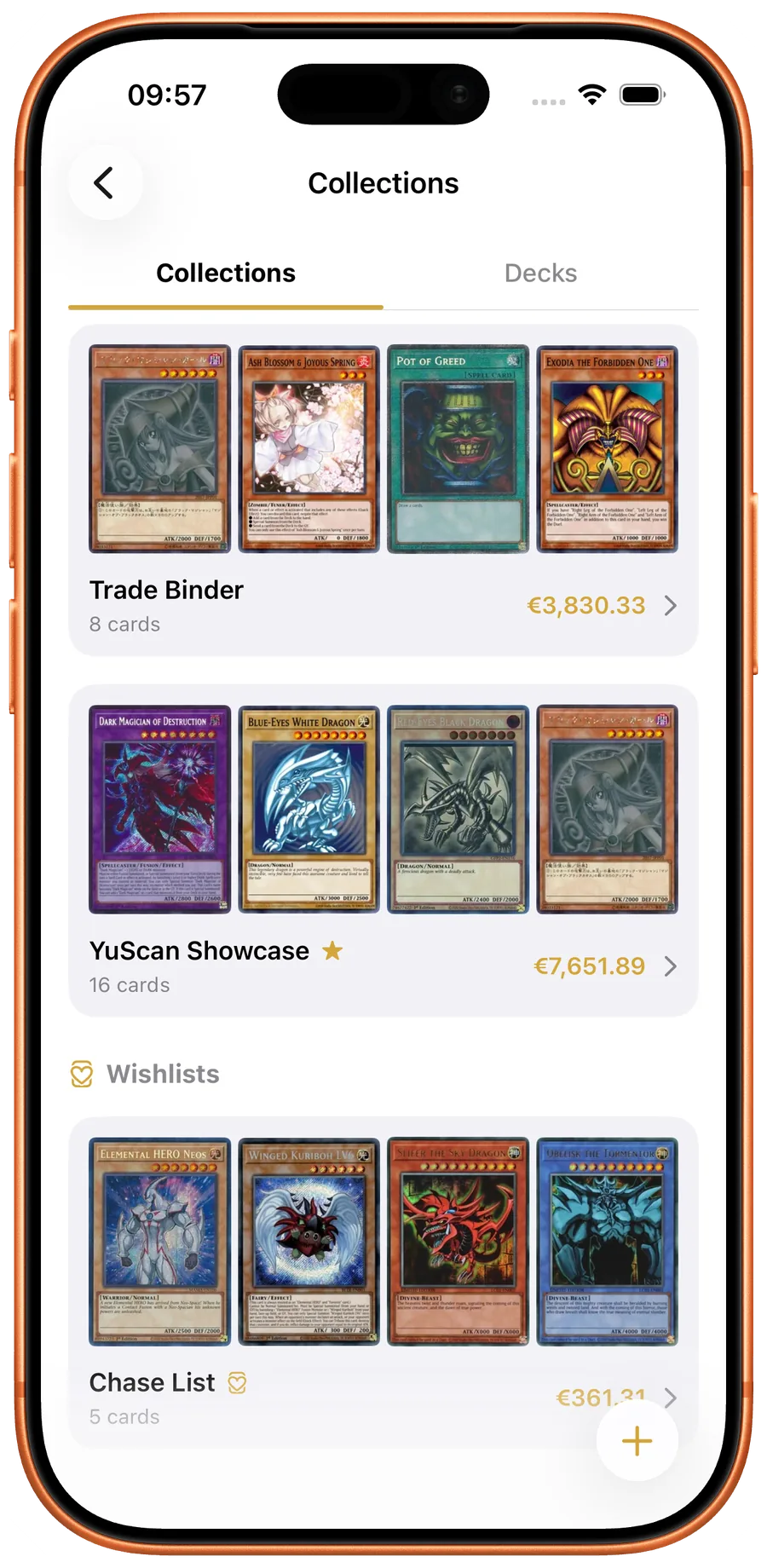 YuScan collections and wishlists with card counts and values