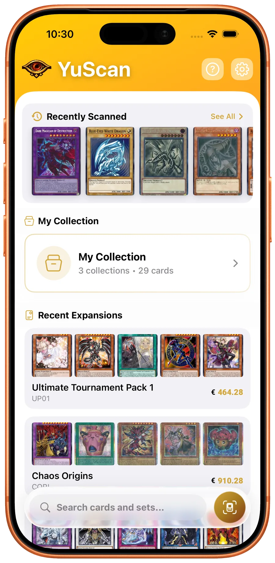 YuScan home screen with recently scanned cards and collection previews