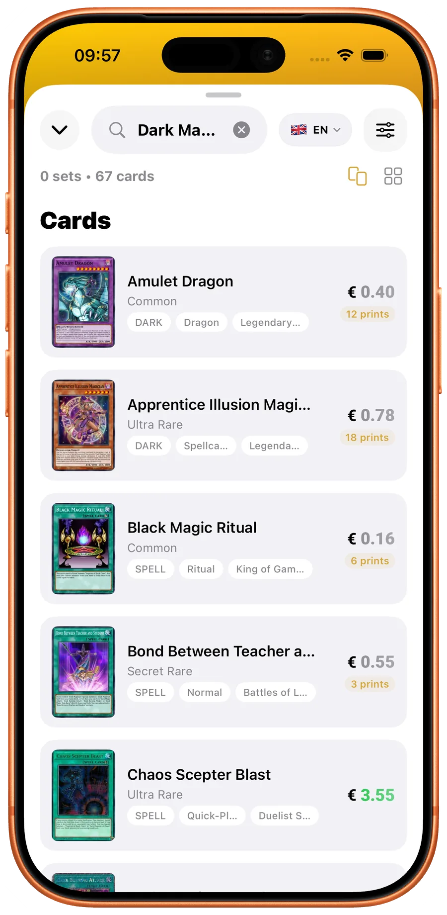 Filtered Yu-Gi-Oh! card search results with prices and print counts