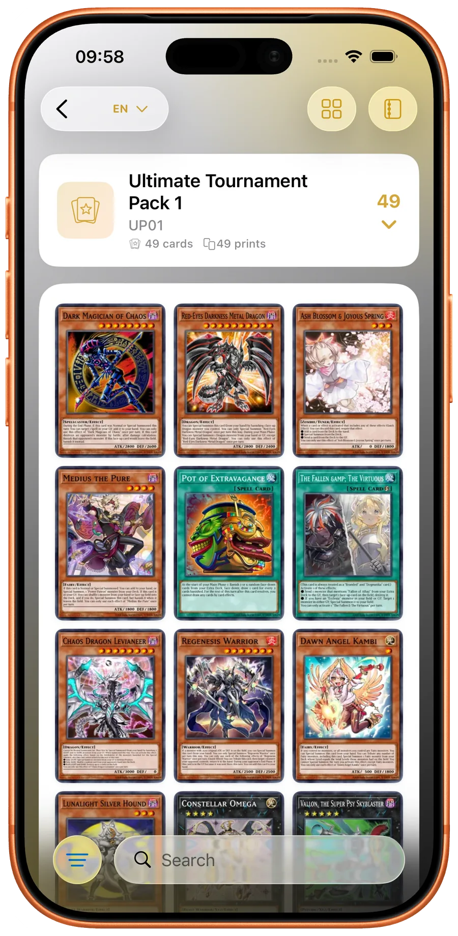 Yu-Gi-Oh! expansion checklist with owned-card progress