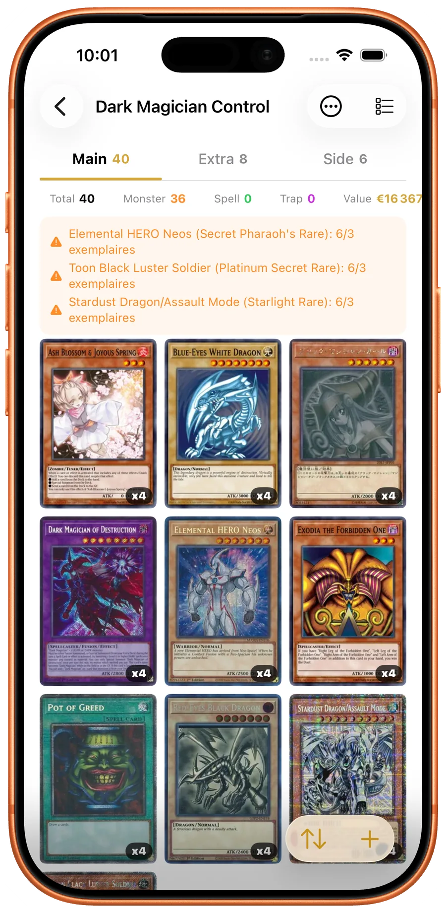 Deck Yu-Gi-Oh! valide avec sections Main, Extra et Side Deck