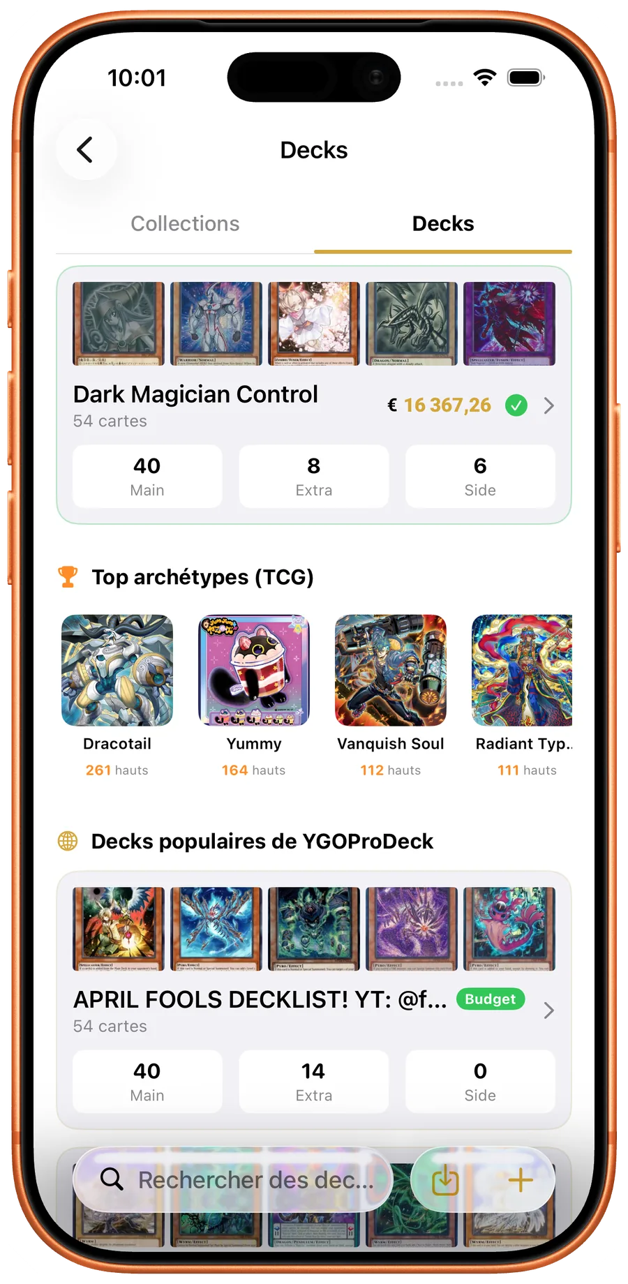 Liste de decks Yu-Gi-Oh! avec archetypes, quantites et valeurs