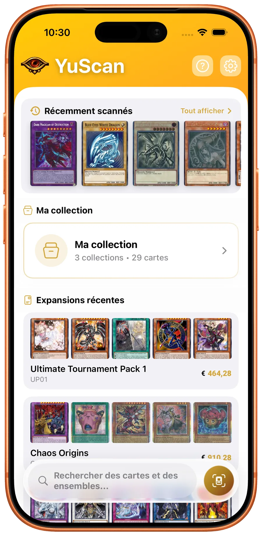 Accueil YuScan avec les cartes recemment scannees et les apercus de collection