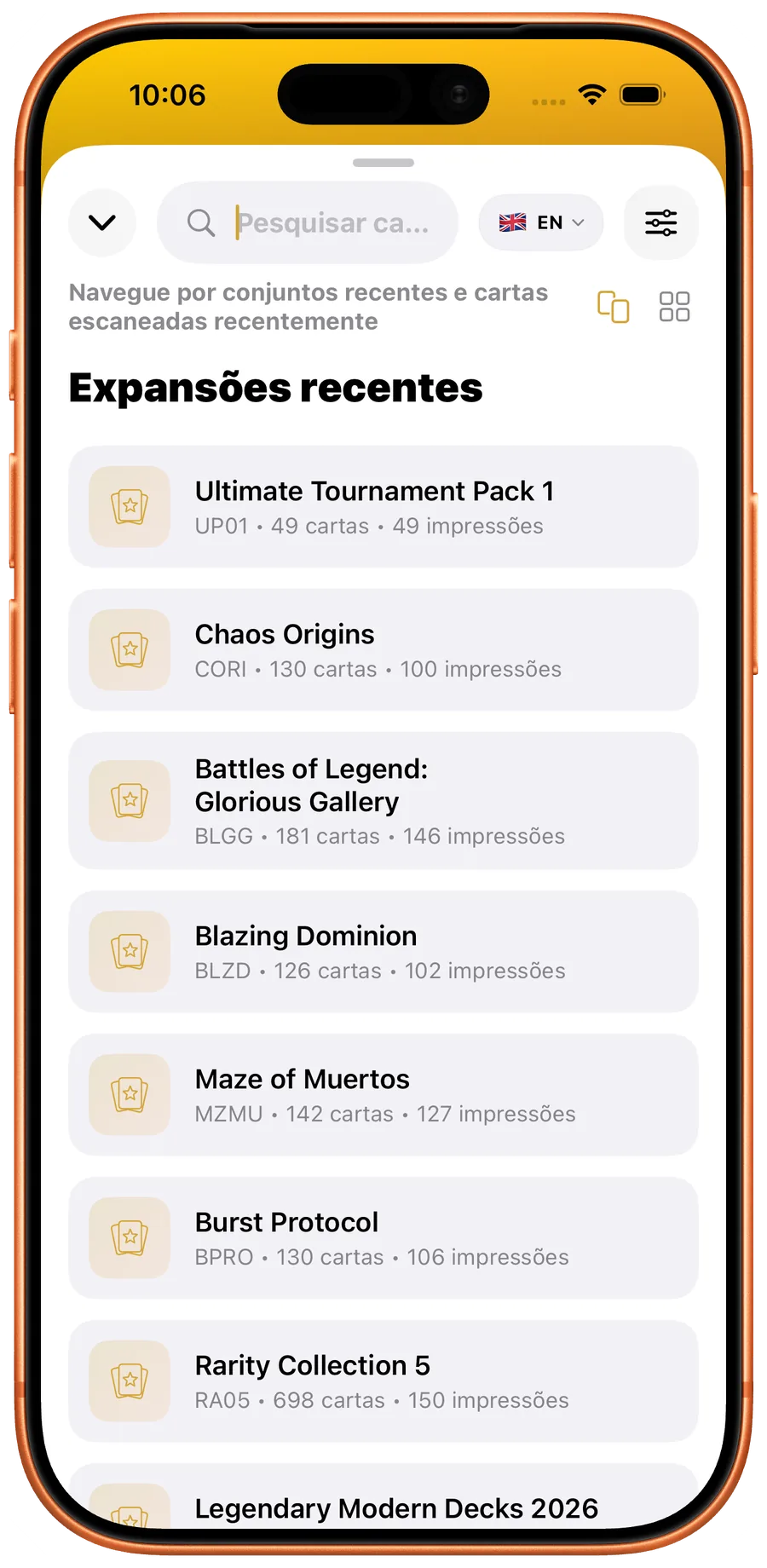 Busca do YuScan com expansoes Yu-Gi-Oh! recentes e filtros